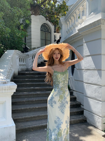 Elegant A Line Spaghetti Strap Green Print Floral Chiffon Prom Dress Evening Dress HZ1023